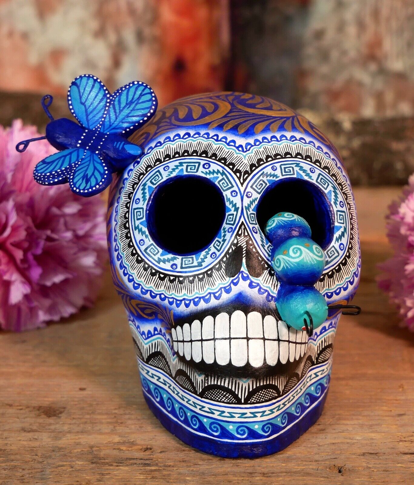Sugar Skull Butterfly Caterpillar Day of the Dead Handmade Mexico Folk Medium Sz