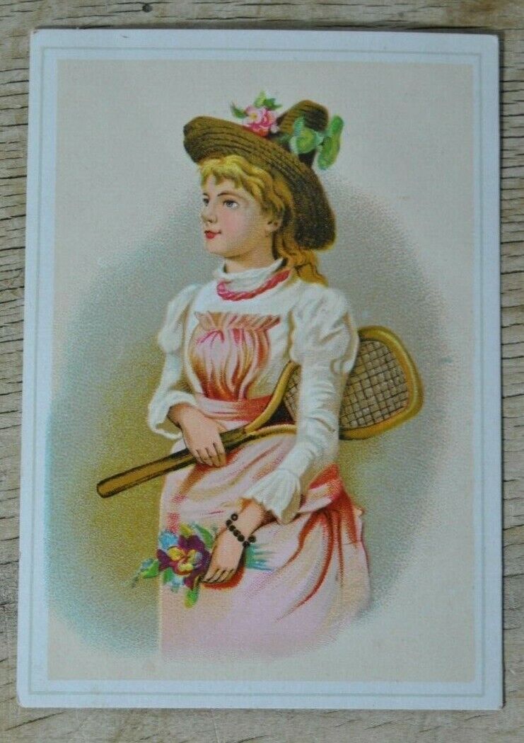Antique Victorian Greeting Card Women in Straw Hat Holding Tennis Racket