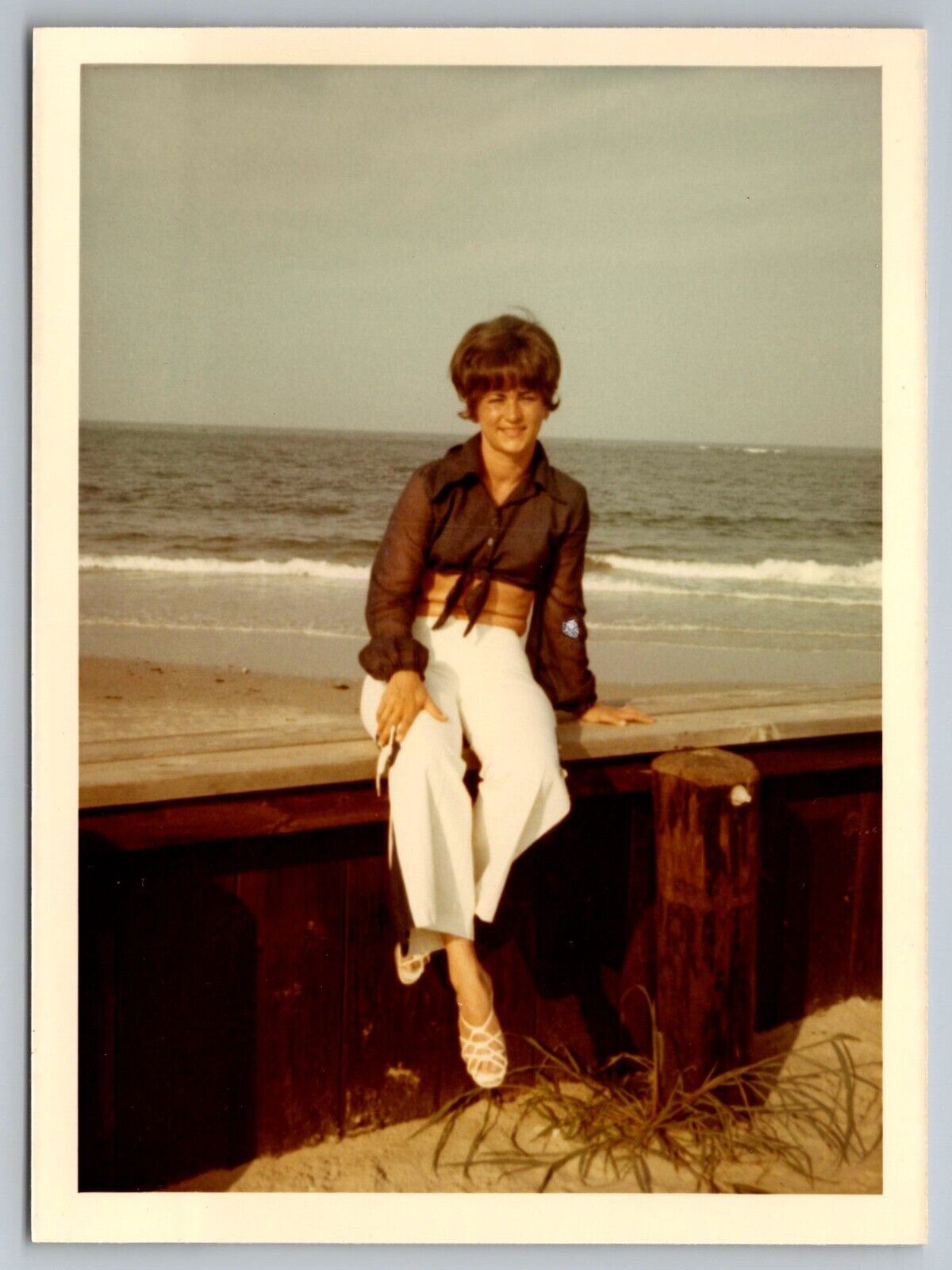 Pretty girl at beach Vintage Snapshot Photo 1970
