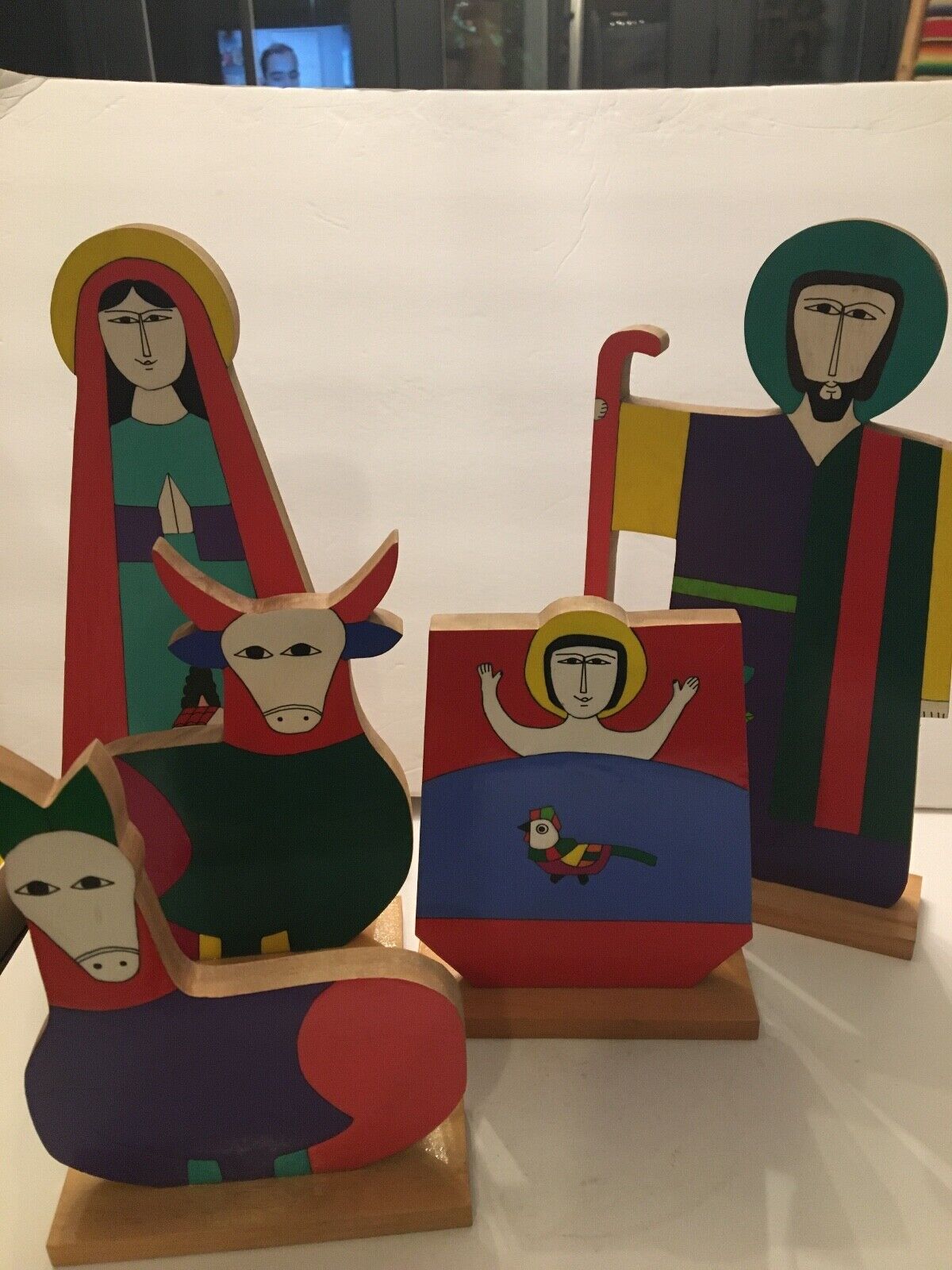 El Salvador Handmade Wooden Nativity Set XL Hand Painted Colorful 5 Pcs