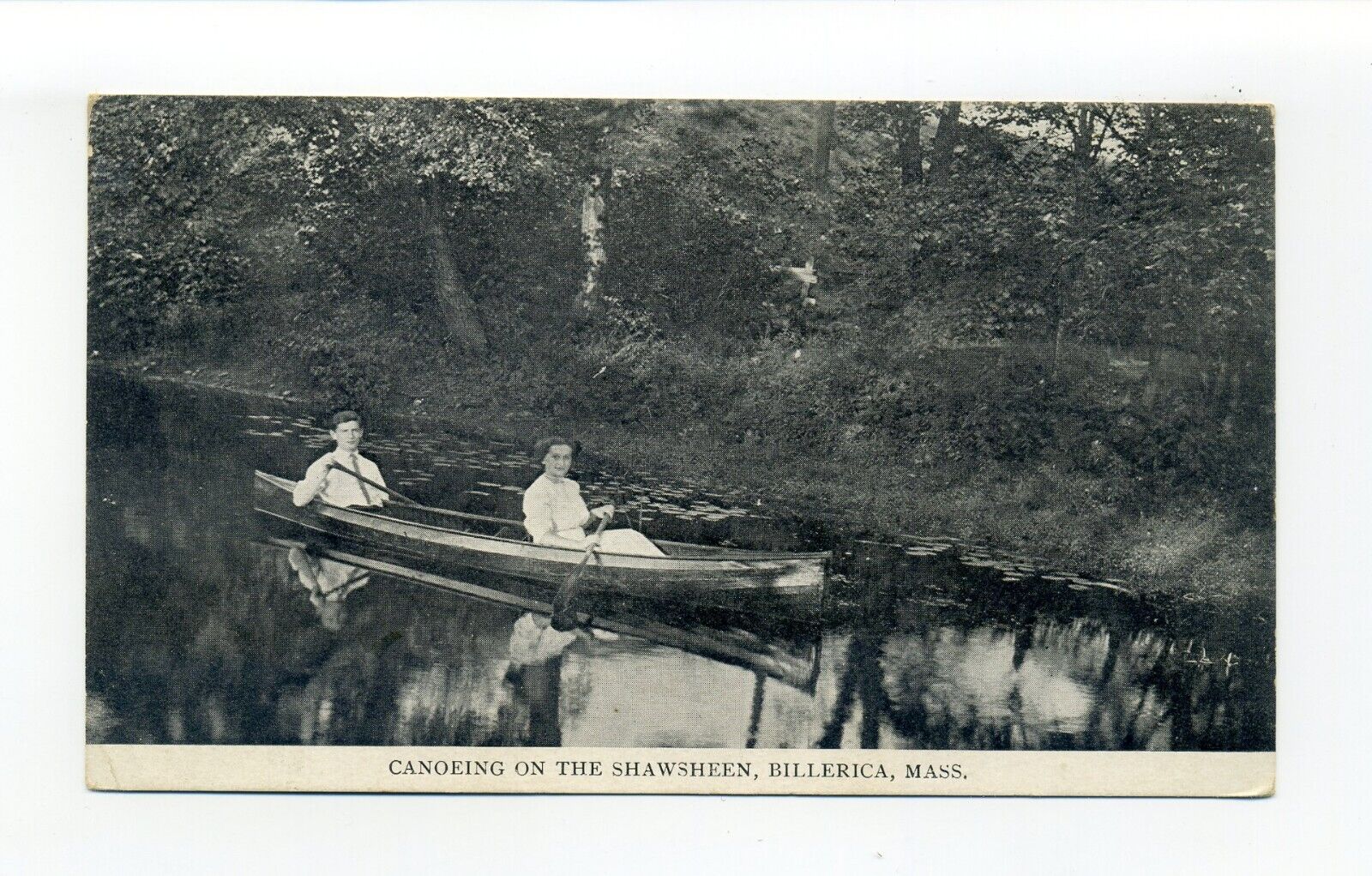 Billerica MA postcard, Canoeing on the Shawsheen, paddling on tranquil water
