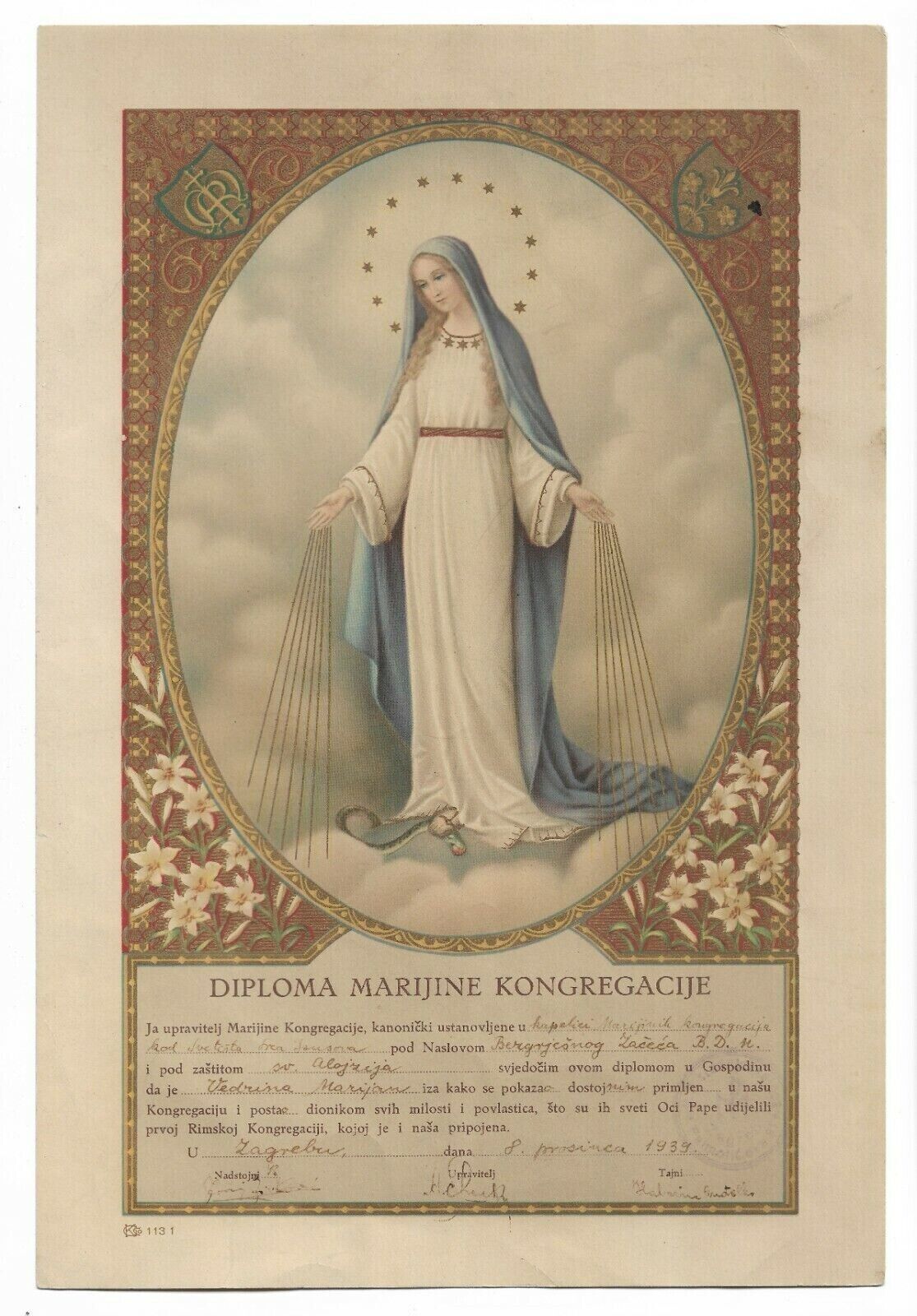 Congregation of Mary Catholic holy card Croatia Zagreb 1939. card 26x18 cm