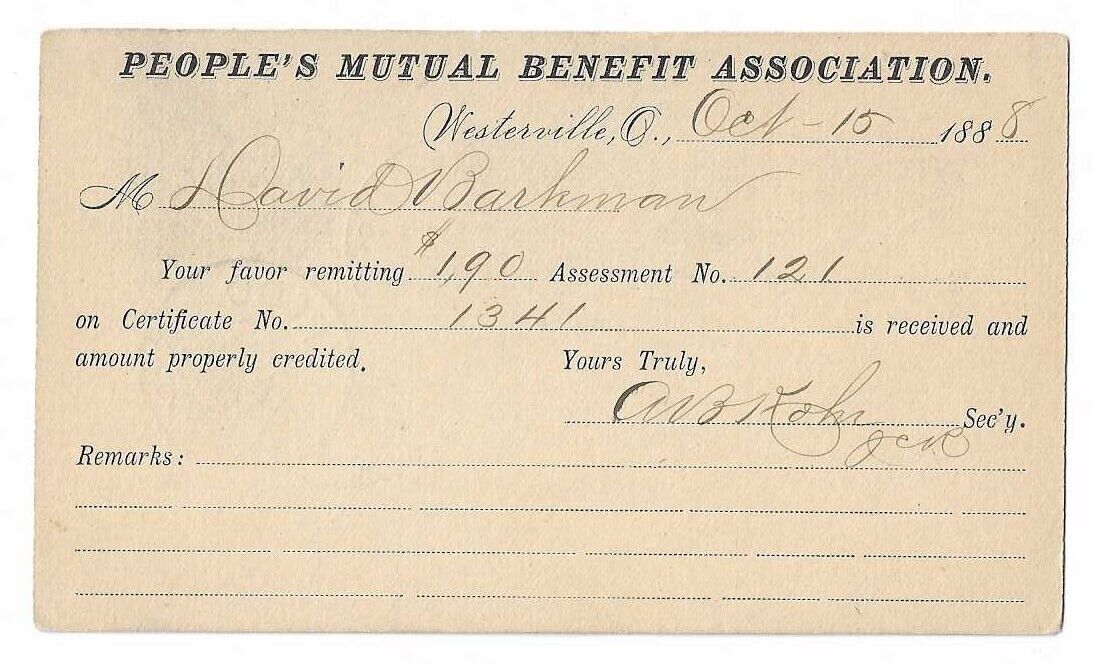 1888 Westerville OH Postal Card - People\'s Mutual Benefit Association