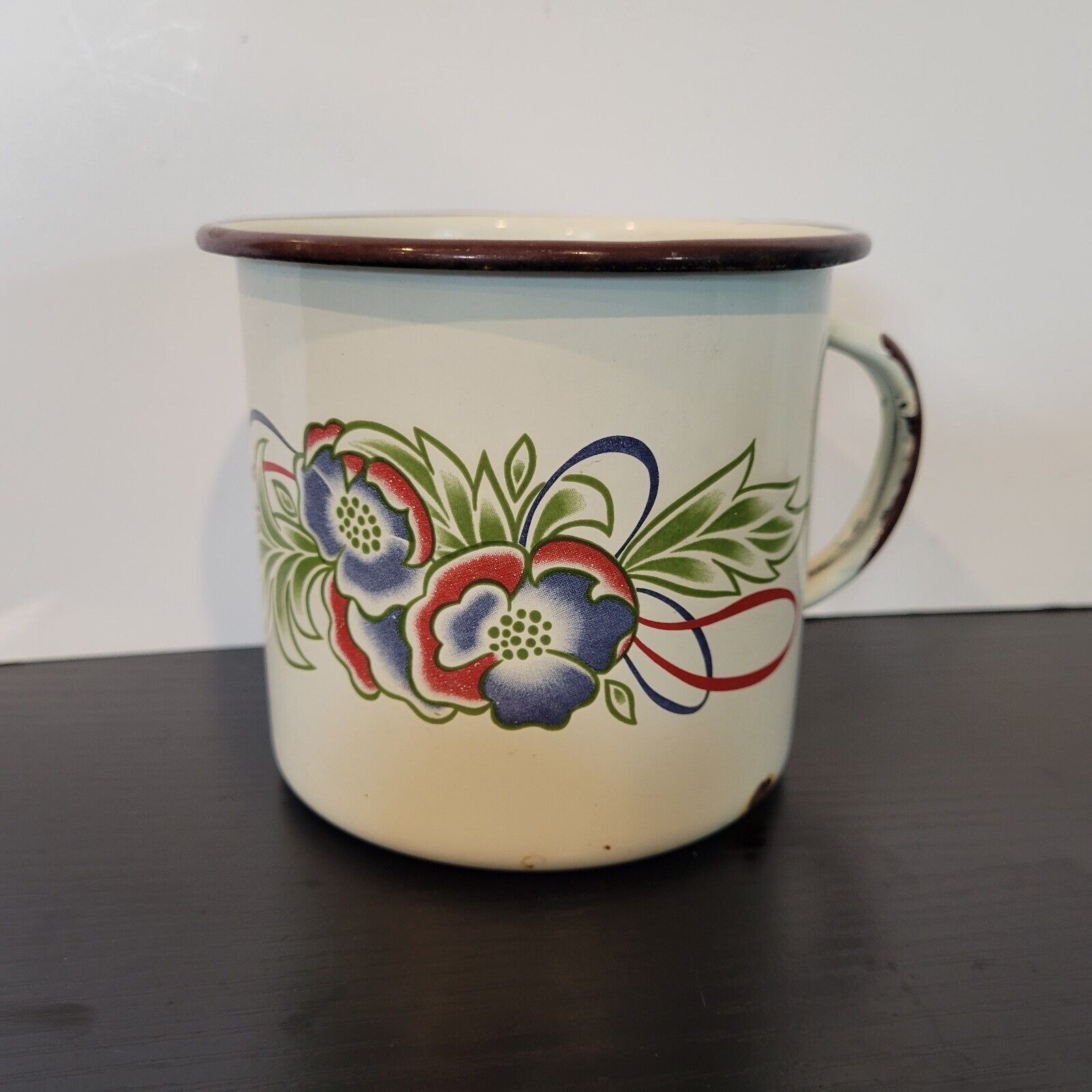 Vintage Enamel Ware Coffee Cup Mug Red/Blue/Green Floral Brown Rim & Handle Mug