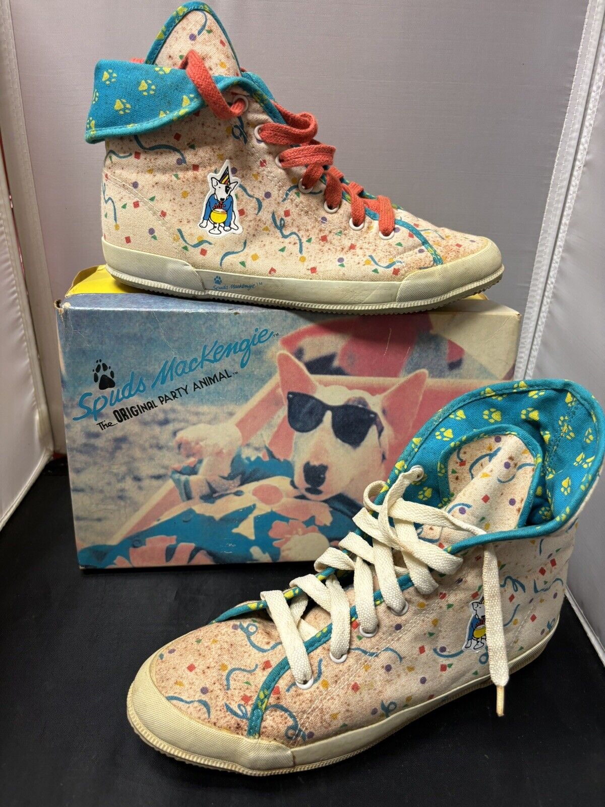 Awesome Vintage 1986 Spuds Mackenzie High Top Shoes W/ Box Size 7M