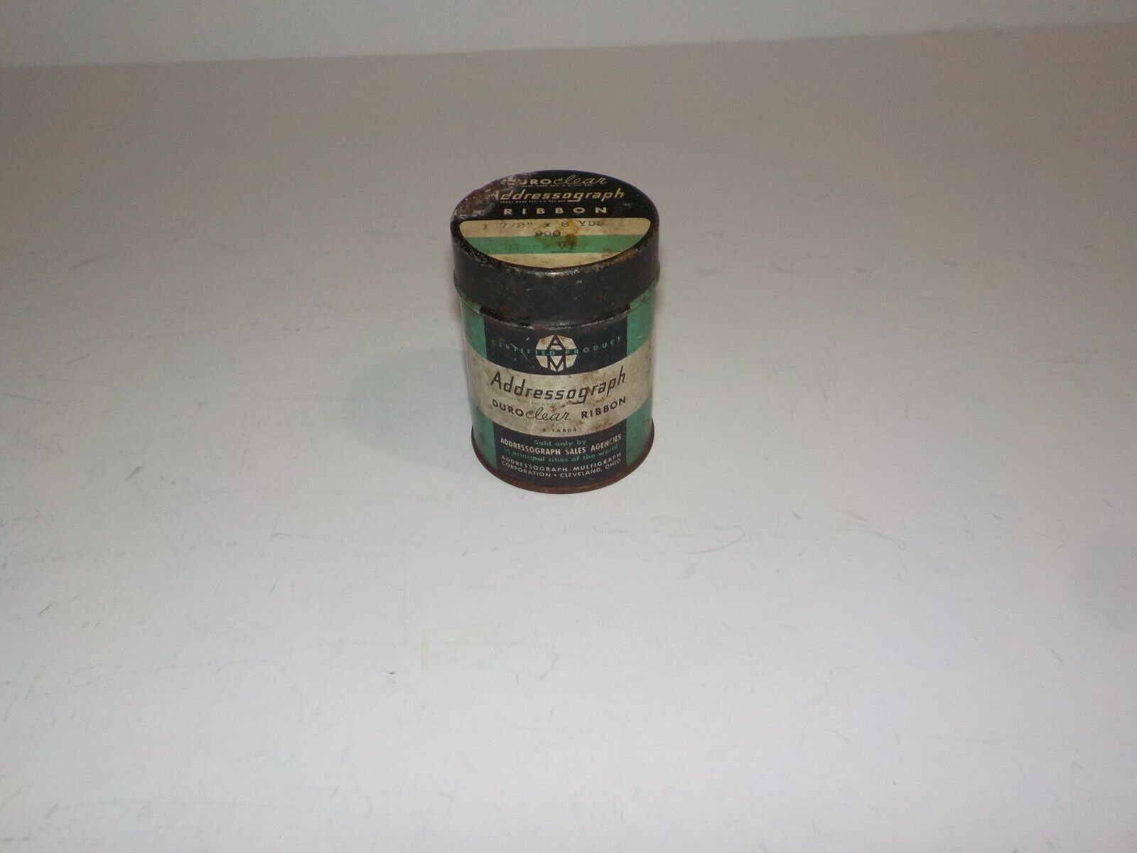 Old Vtg ADDRESSOGRAPH DURO CLEAR RIBBON CLEVELAND OHIO GREEN METAL TIN