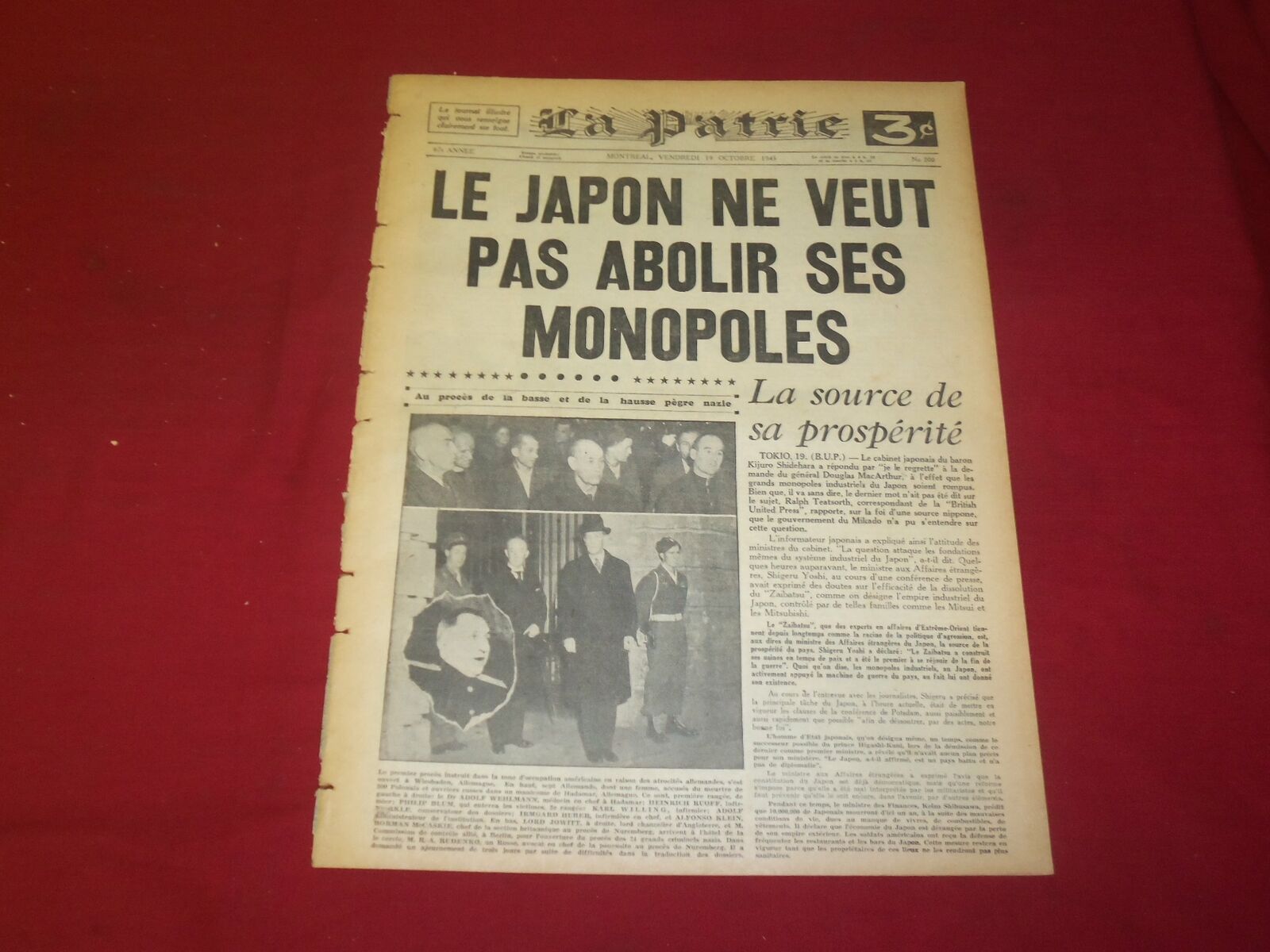 1945 OCT 19 LA PATRIE NEWSPAPER-FRENCH-LE JAPON PAS ABOLIR LES MONOPOLES-FR 1916