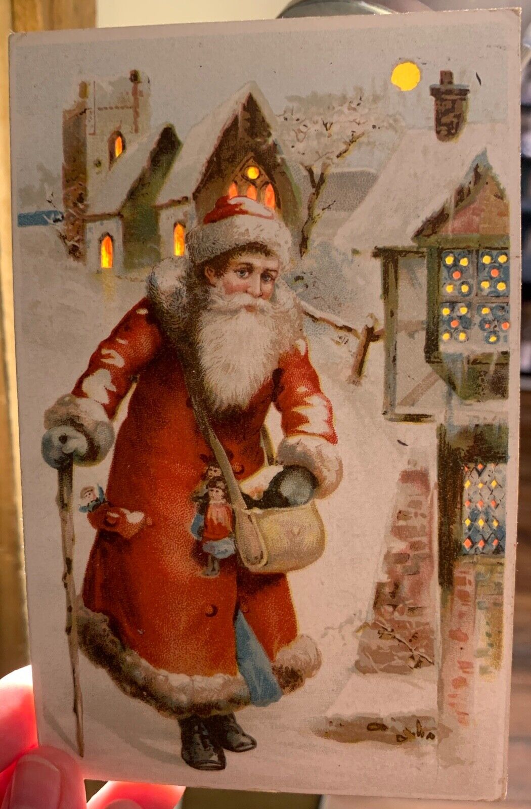 Rare HTL Santa Delivering Presents on Foot Vintage Christmas Postcard