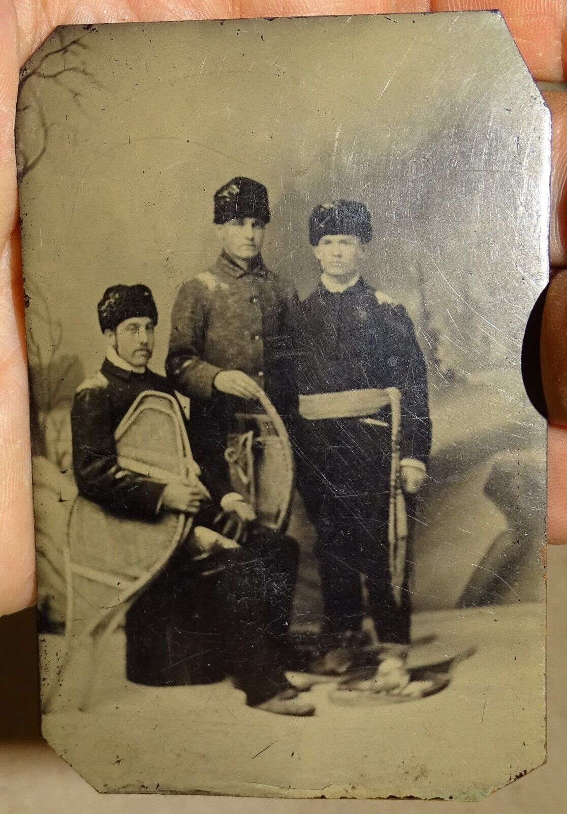 Soldiers in Fur Hats with Snowshoes Tin Type Photograph