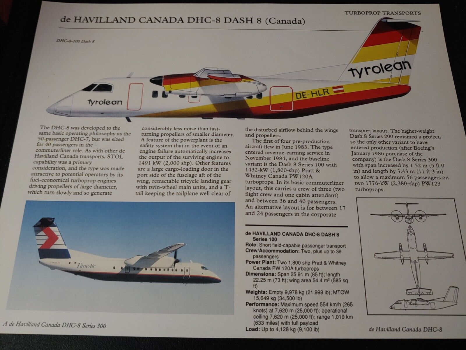 UNIQUE ~ De Havilland Canada DHC-8 Dash 8 Airplane Aircraft Profile Data Print