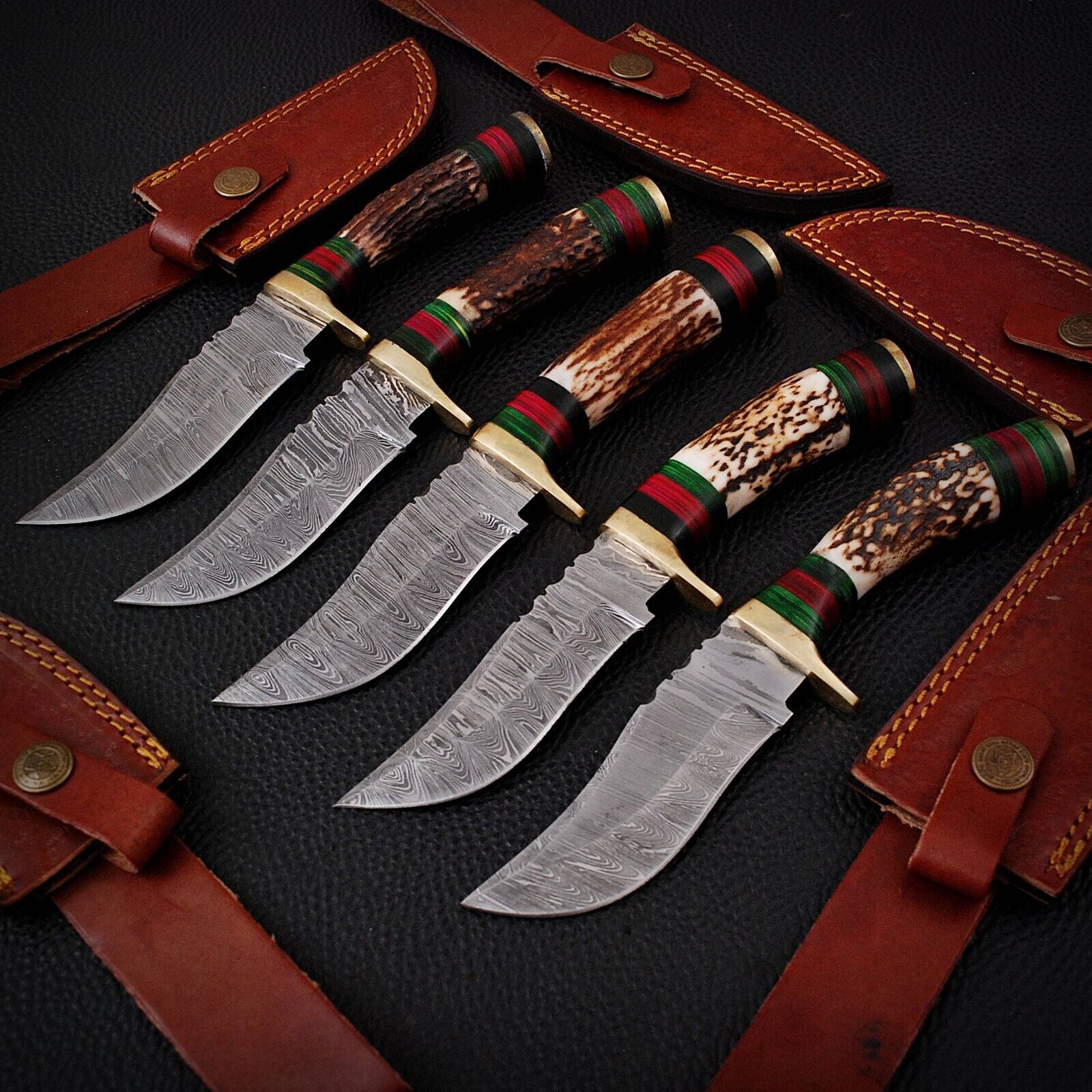 LOT OF 5 Handmade Damascus Steel Hunting Skinner  Knife Handle STAG/ANTLER