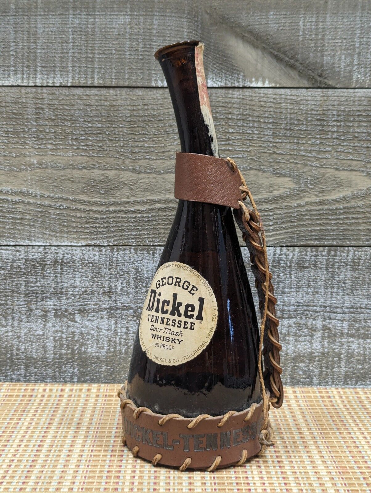 VINTAGE RARE George Dickel Tennessee Souvenir Whiskey Bottle/Leather Harness