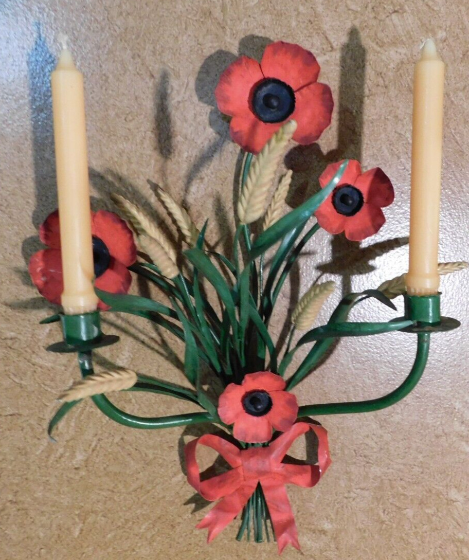 Vintage Italy Toleware POPPY & WHEAT Wall Sconce Candle Holder 19\