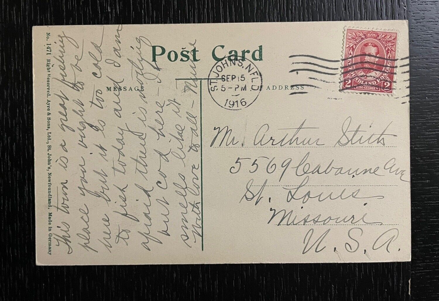 Antique Postcard NEWFOUNDLAND 1916 St John's to USA