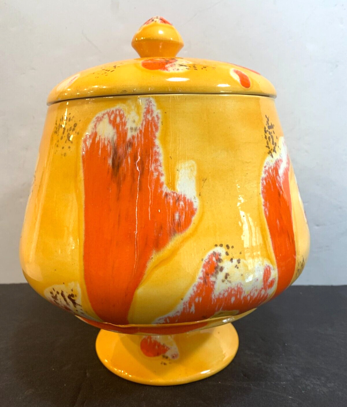 Vintage MCM Barb Pottery Yellow Glaze Orange Drip ceramic Kitchen Jar with Lid