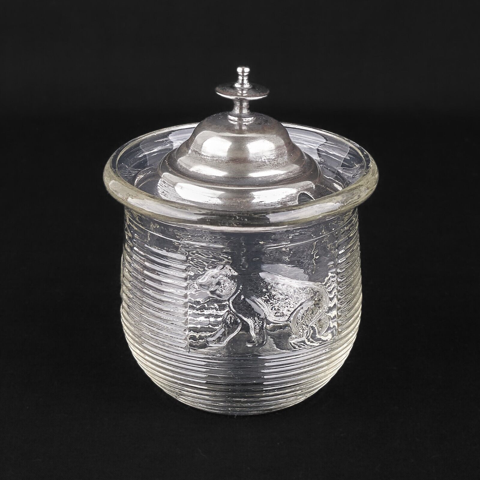 VINTAGE PRESSED GLASS THREE BEARS HONEY POT WITH A SILVER PLATED LID
