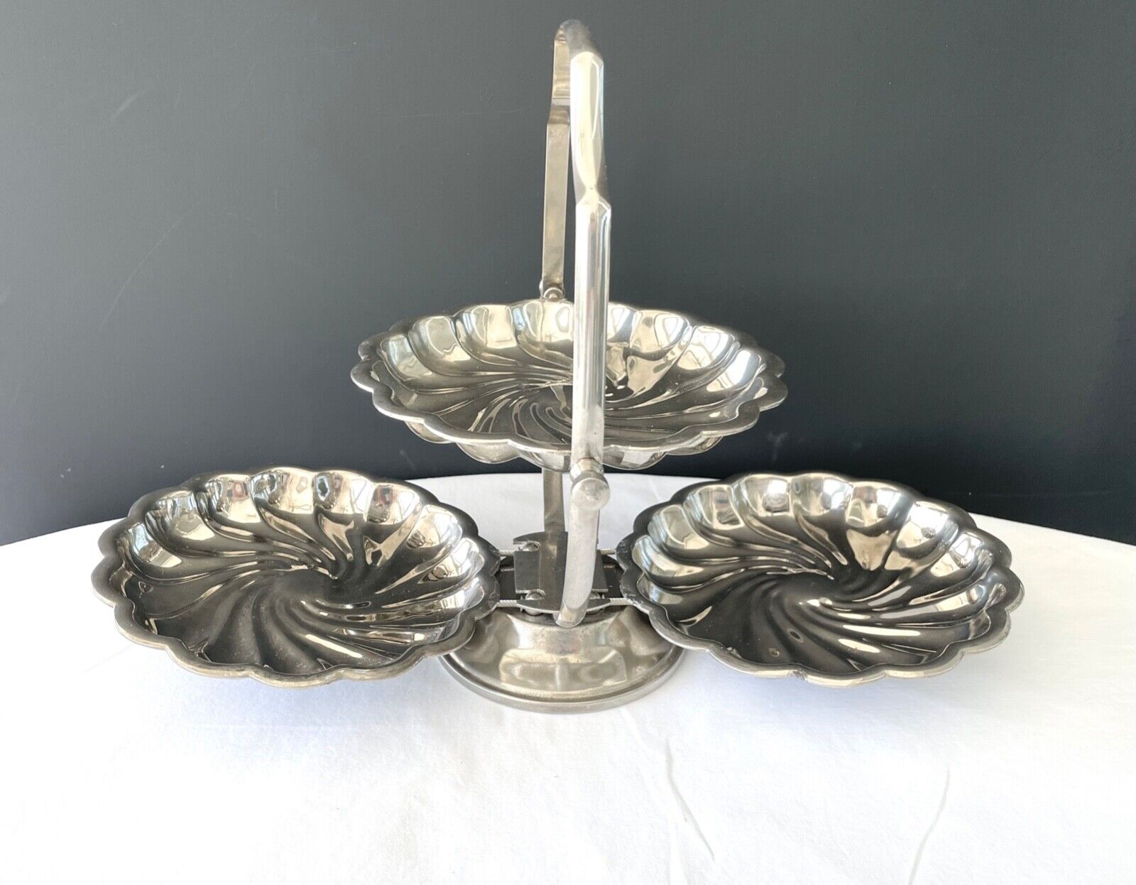Vintage Silver Plate Clamshell 3 Tier Folding Serving Tray Tea Cake Stand Nuts