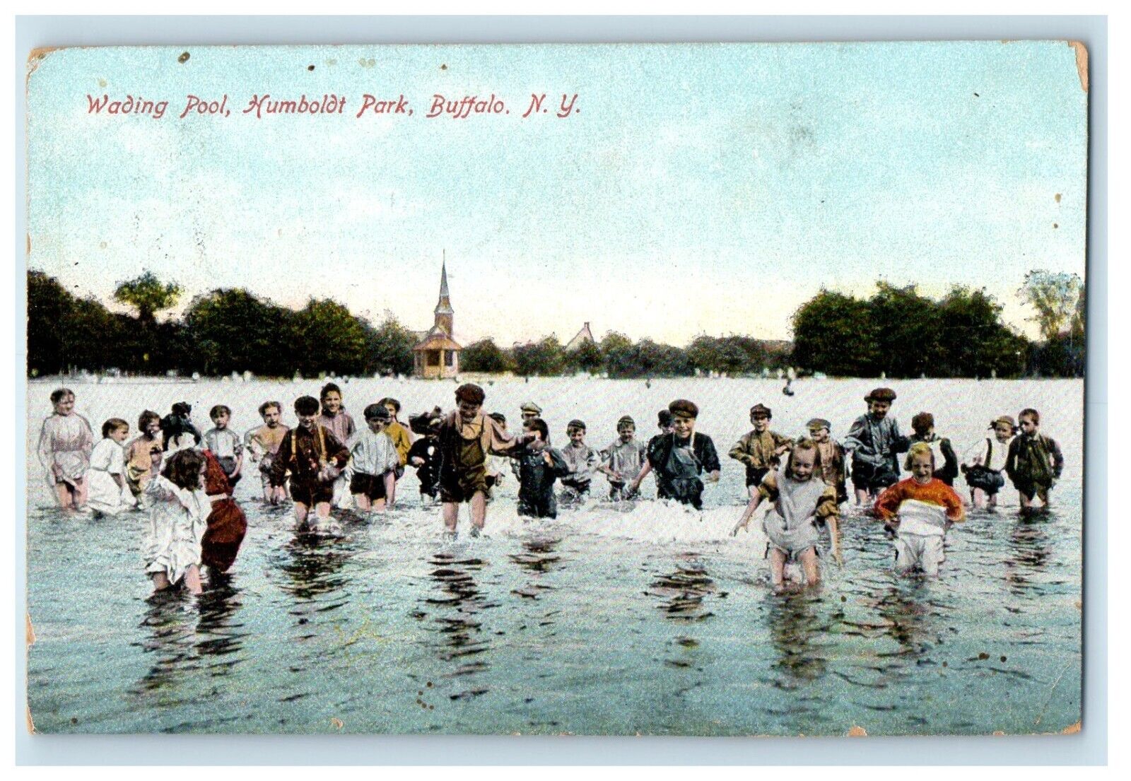 1908 Wading Pool Humboldt Park Kids Fun Buffalo New York NY Antique Postcard
