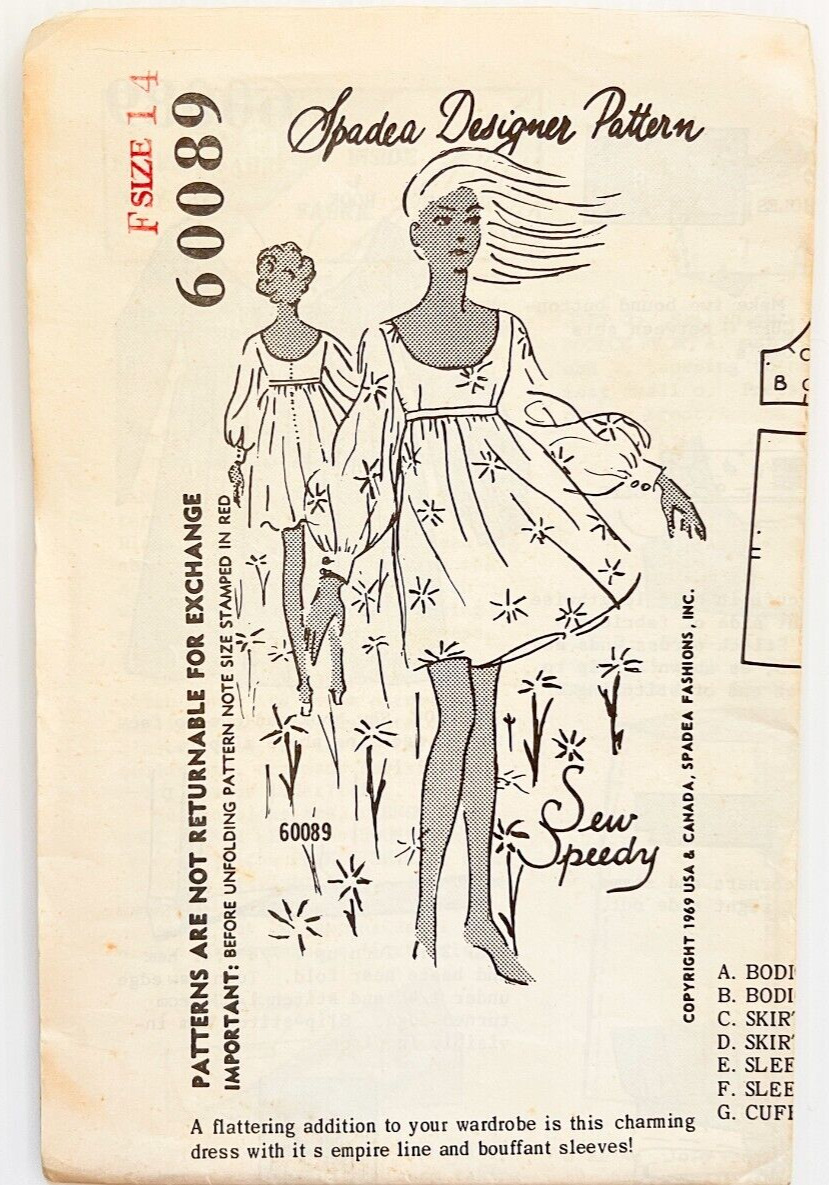Spadea 60089 Vintage Women\'s Empire Waist Dress, Size 14, 60\'s Mod Babydoll