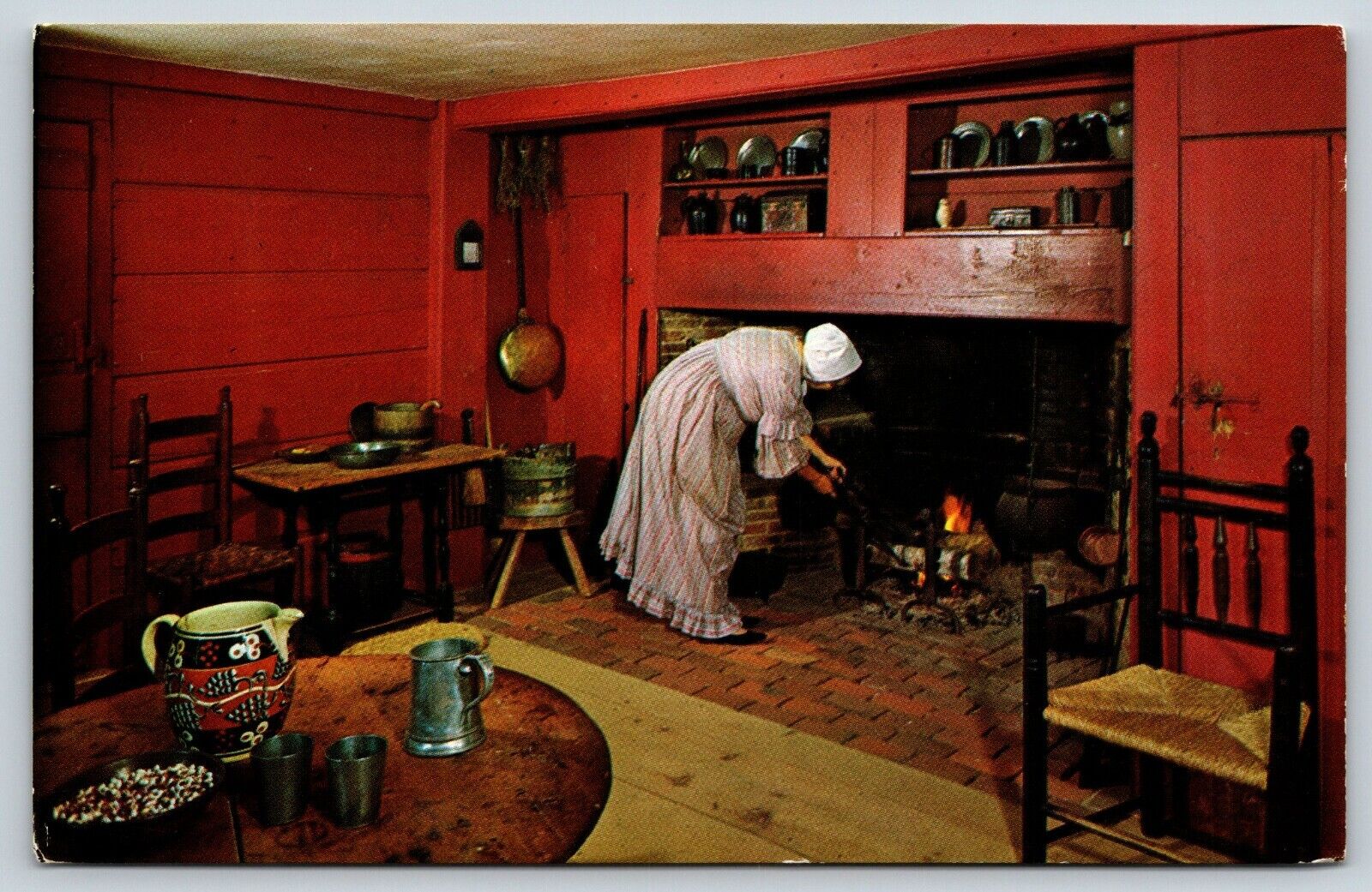 John Fenno House Sturbridge MA Postcard Woman adjusting Fireplace Chrome #2075