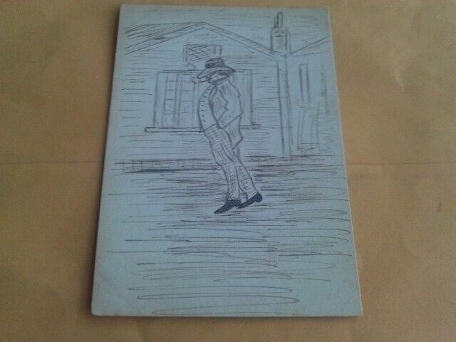 RARE ENGLISH 1910s HAND MADE POSTCARD HAND DRAWN PENCIL ART MAN WALKING SMOKING