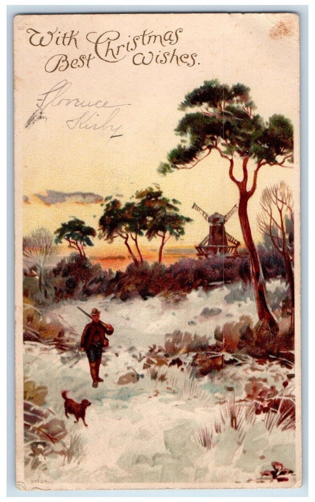 c1905 Christmas Man Dog Hunting Windmill Winter Snow Oyster Bay NY Postcard