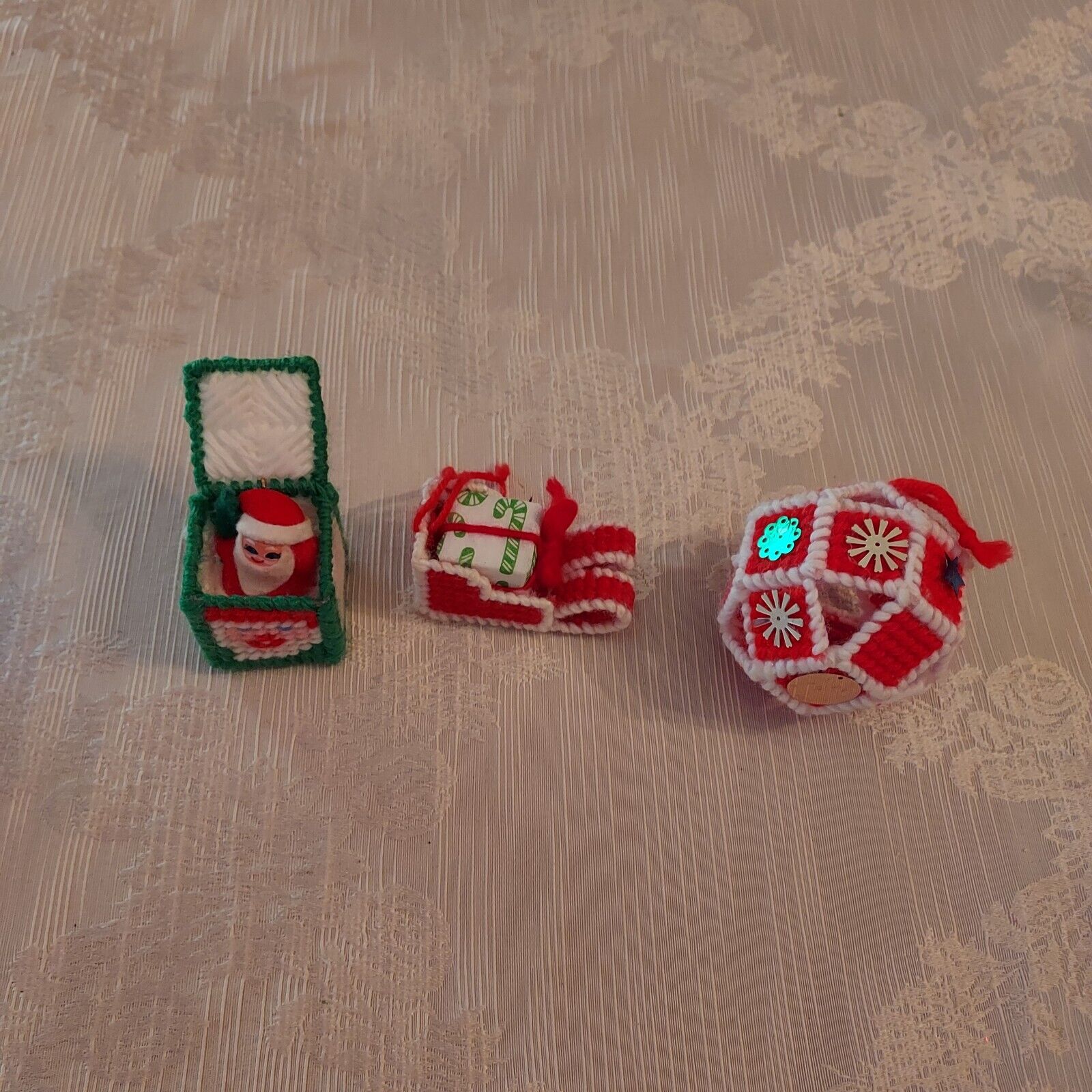 Vintage Cross Stitch Needlepoint Christmas Ornaments Diorama Santa, Sleigh, Ball