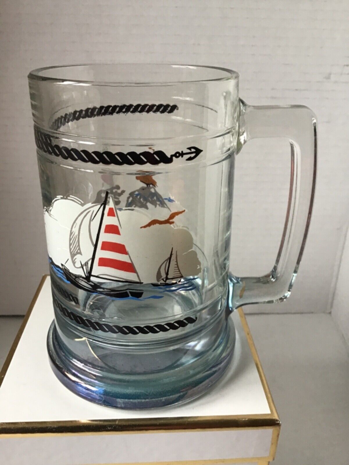 RARE Vintage Princess House Colonial Beer Mug Lighthouse Sail Boat Glass