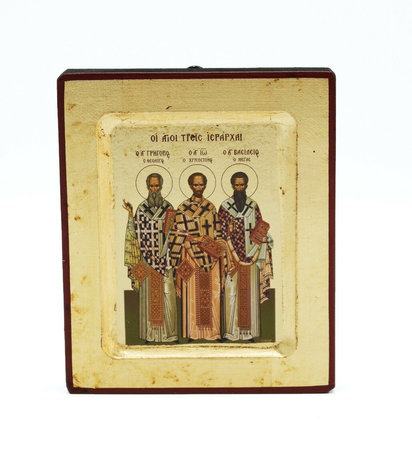 Greek Russian Orthodox Handmade Wooden Icon Three Hierarchs 12.5x10cm