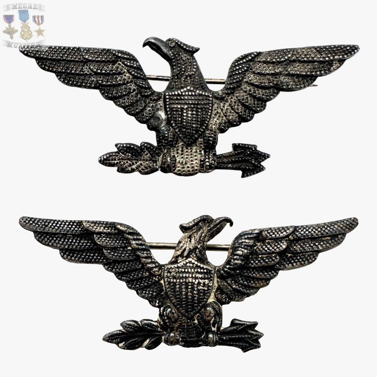 WWI U.S. ARMY USMC COLONEL EAGLES 🦅 INSIGNIA 2” STERLING SILVER BULLION PATTERN