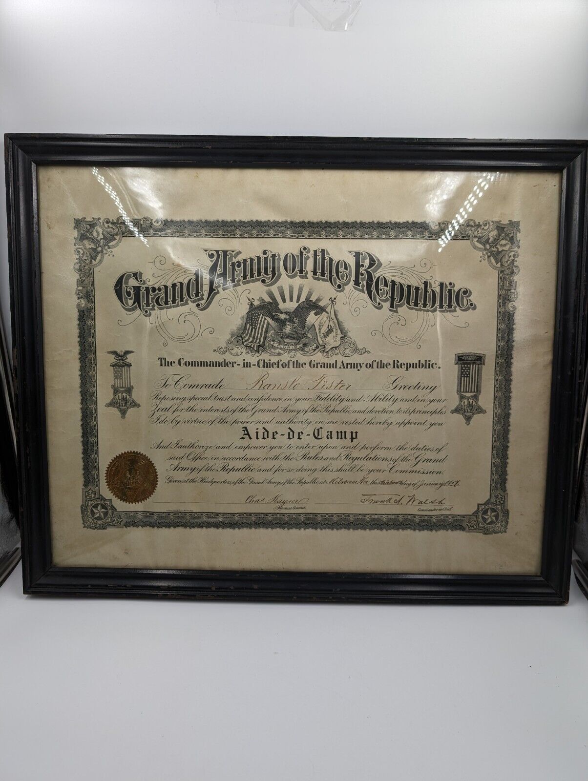 Civil War Veteran Grand Army of the Republic Framed Aide-de-Camp Document 1927