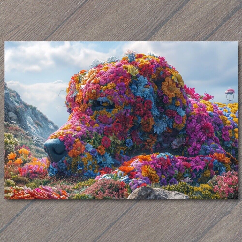 POSTCARD Golden Retriever Dog Covered Flowers Cute Strange Fun Colorful Unusual
