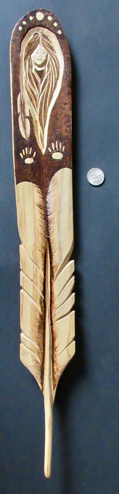 Woman Warrior/Racoon paws -Carve, & woodburnCedar Feather, Mi\'kmaw Collaboration