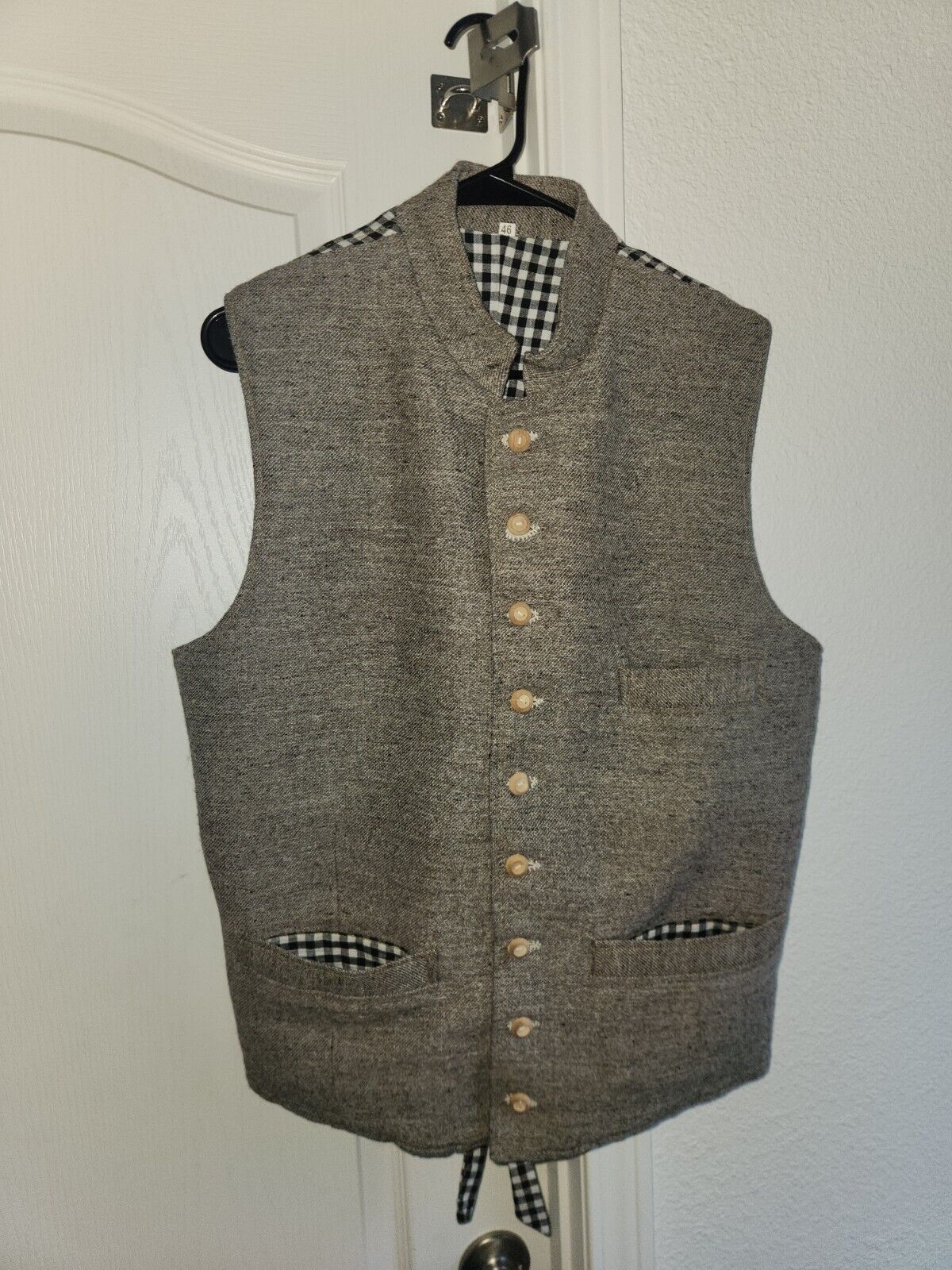 Gray CS Jean Wool Vest With Black And White Checkered Back And Liner For...