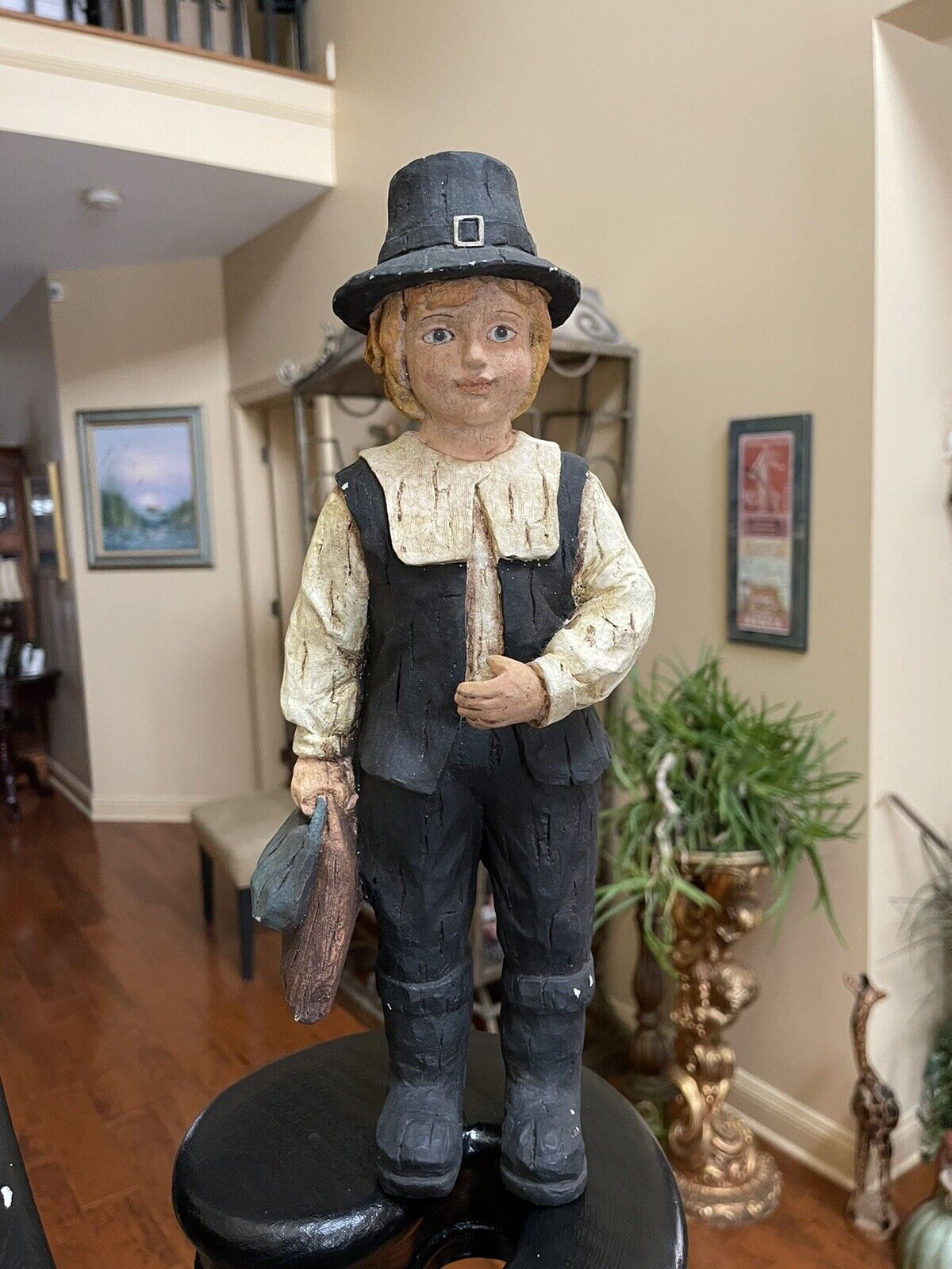 Pilgrim Colonial Stone Wood Resin Carved Boy Figurine 13.5” Thanksgiving Vintage