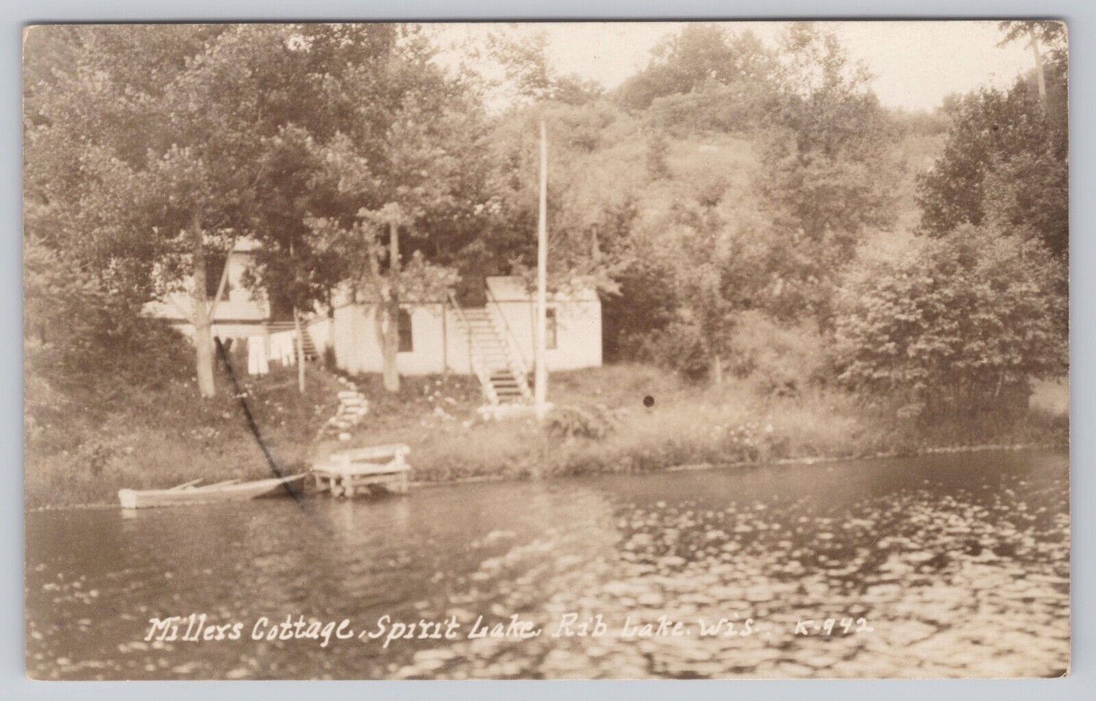Rib Lake Wisconsin, Millers Cottage Spirit Lake Vintage RPPC Real Photo Postcard