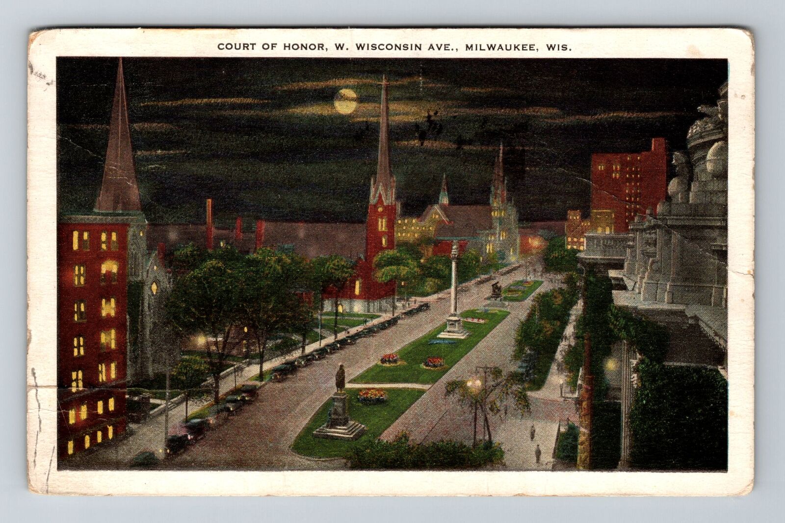 Milwaukee WI-Wisconsin, Night Time at W. Wisconsin Ave. Moon, Vintage Postcard