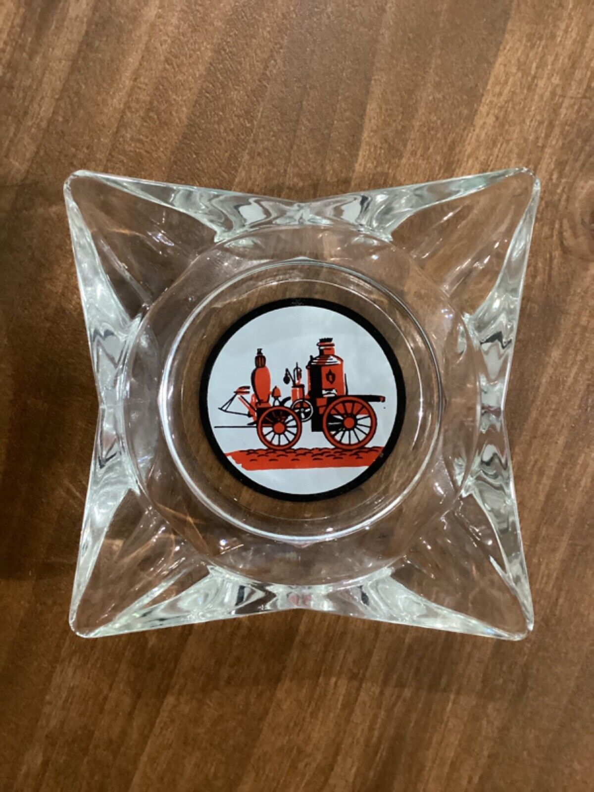 Vintage Ashtray Clear Glass With Horse Drawn Fire Engine Scene