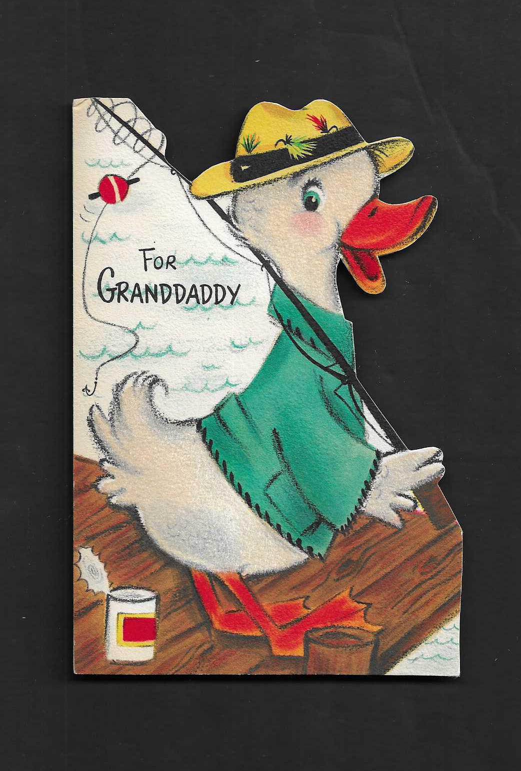vintage Hallmark Greeting Father\'s Day GRANDDADDY Card flocked Duck Fishing Rod