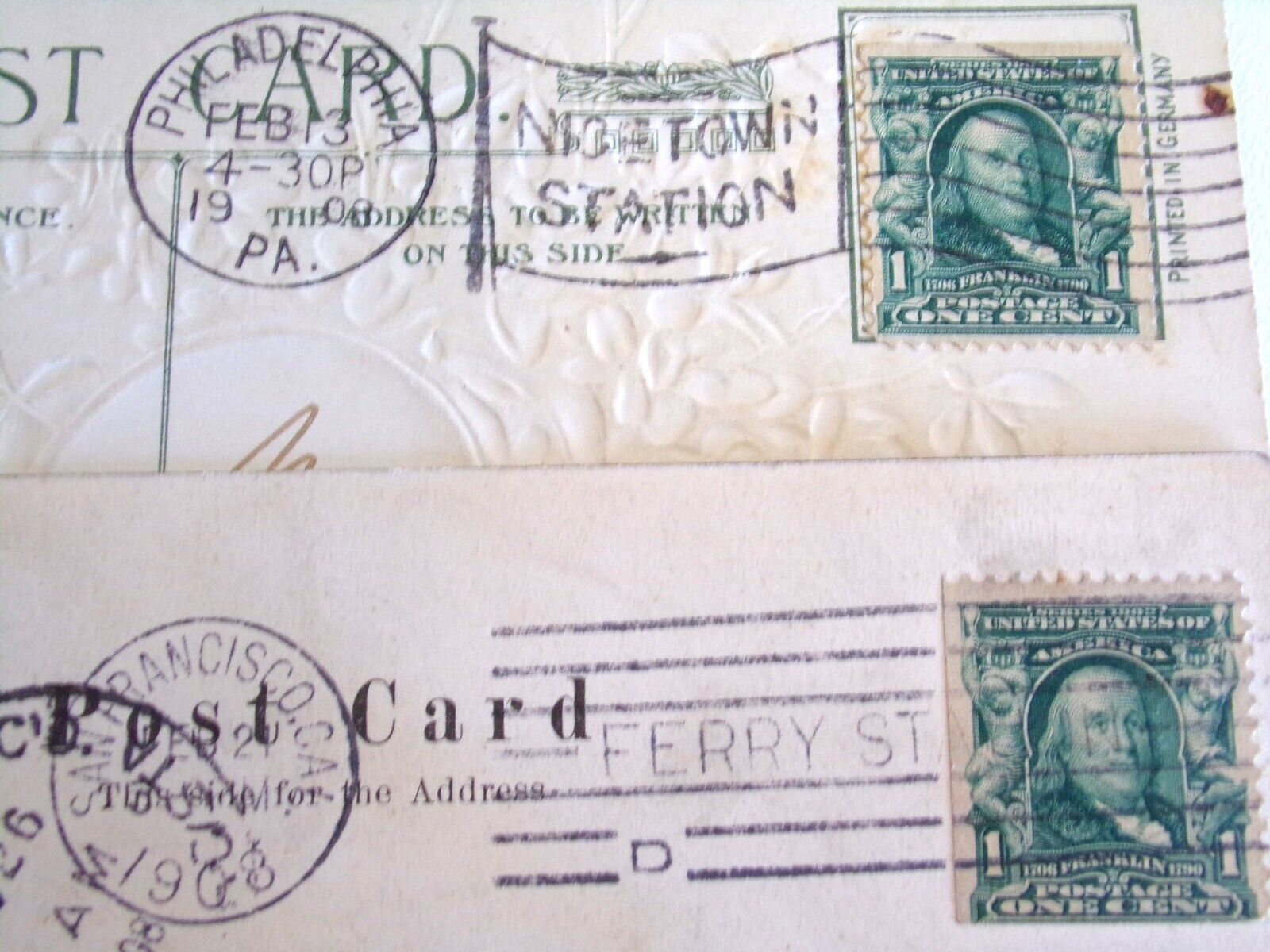 Benjamin Franklin ONE CENT Green/Blue Stamp & Postcards 1906-1908 (2) Water Mark