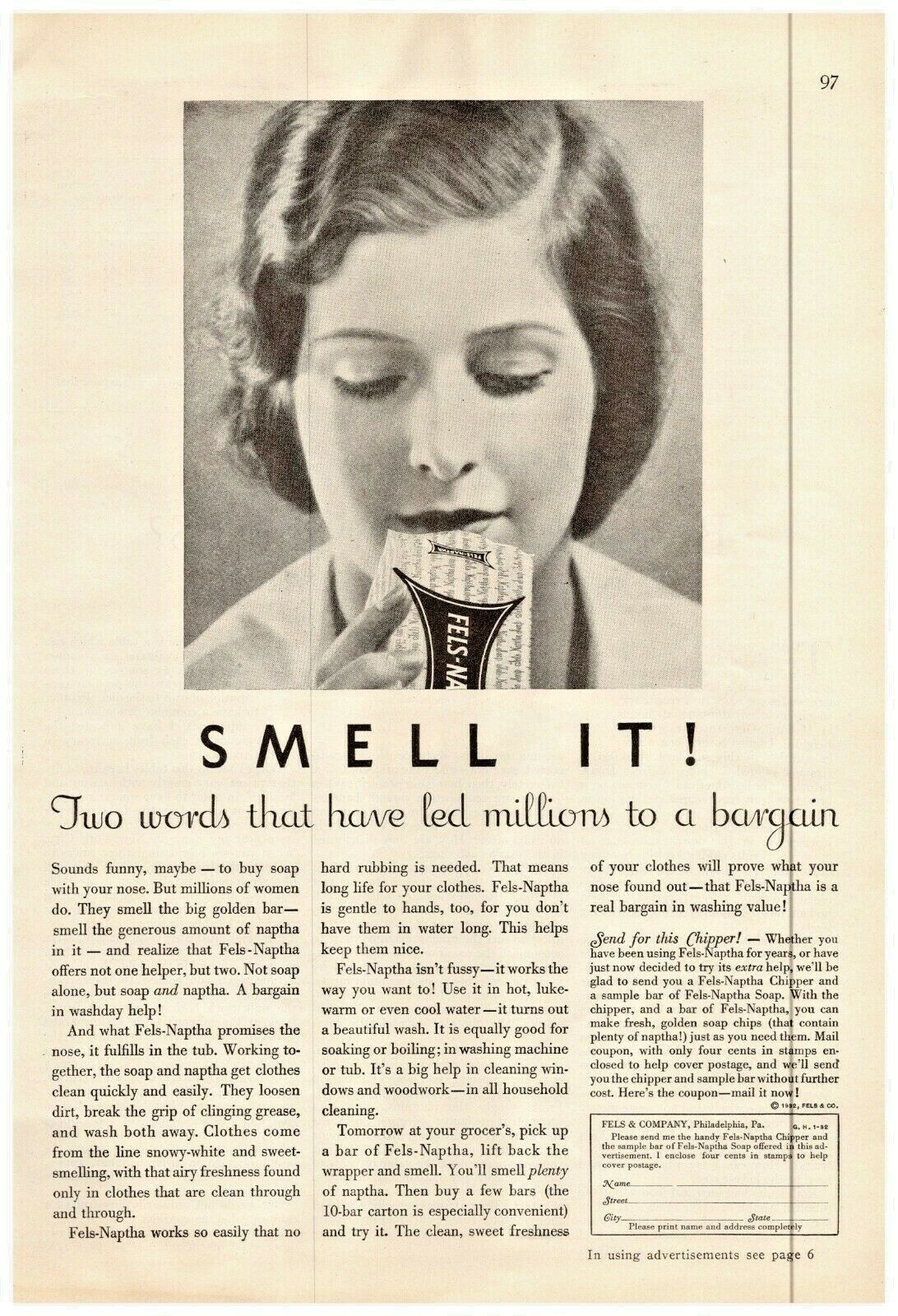 1932 Fels Naptha Soap Vintage Print Ad Smell It Two Words That Lead To Bargain 