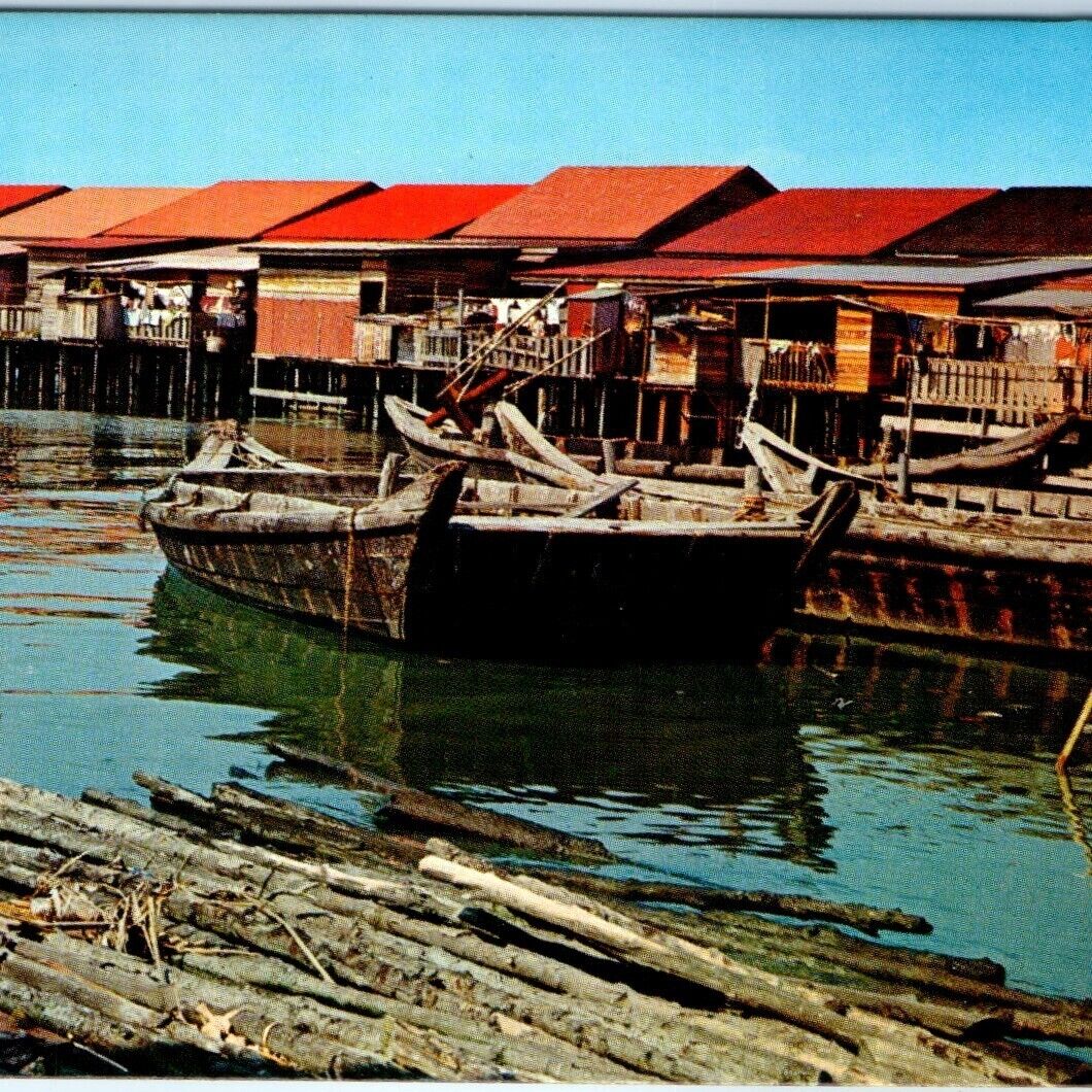 c1960s Penang, Malaysia Riverine Kampong Chrome Photo Postcard Boat Malay A66
