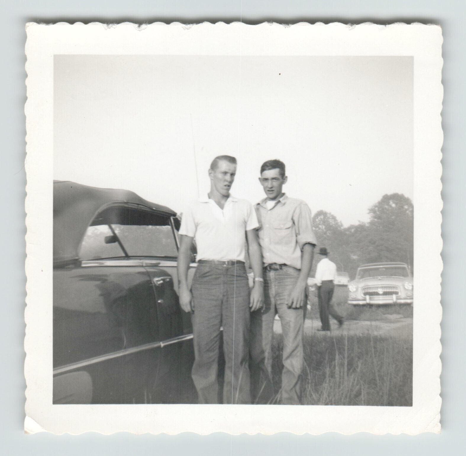 Photo 3x3 B&W Two Men Standing in Front of Convertible with Top Up