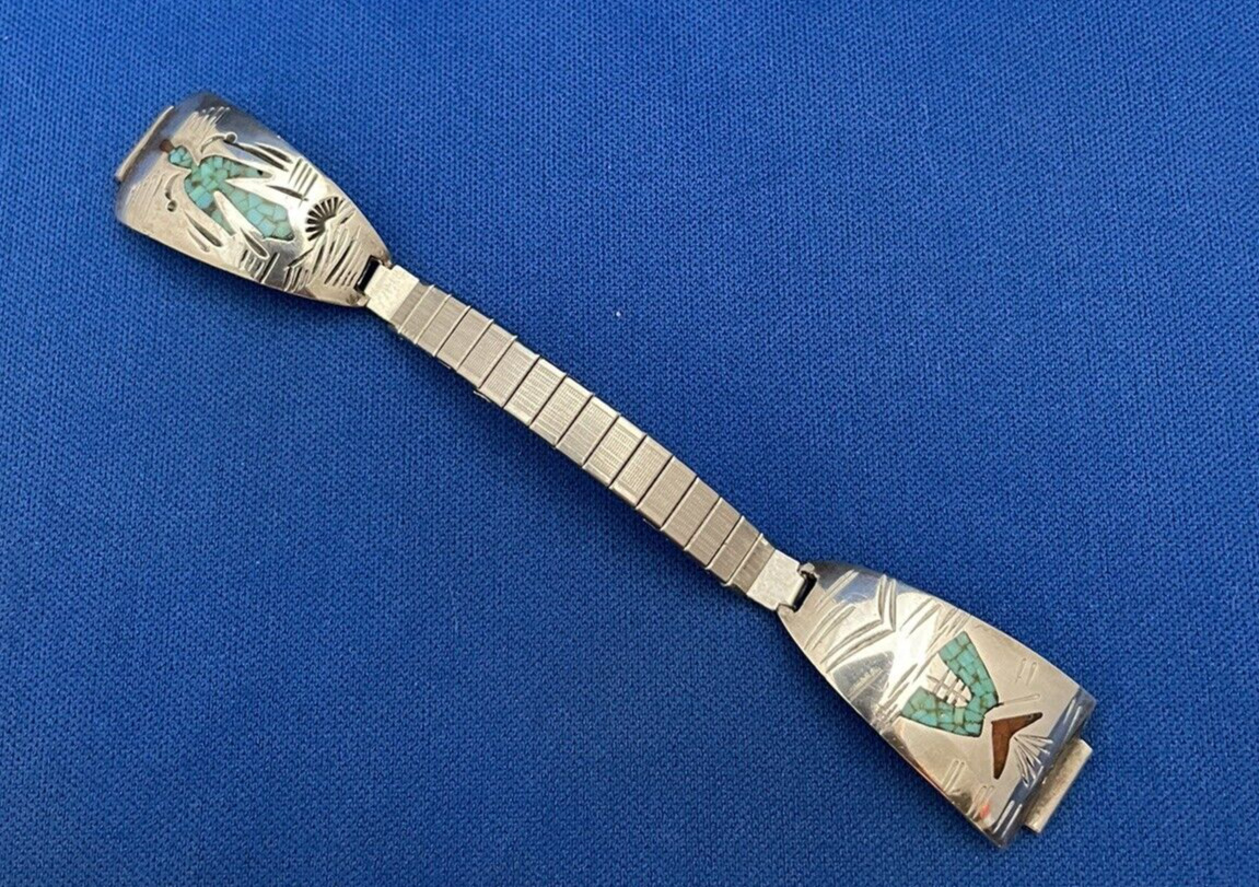 Vintage Native American Silver Crushed Turquoise Coral Inlay  Watch Band