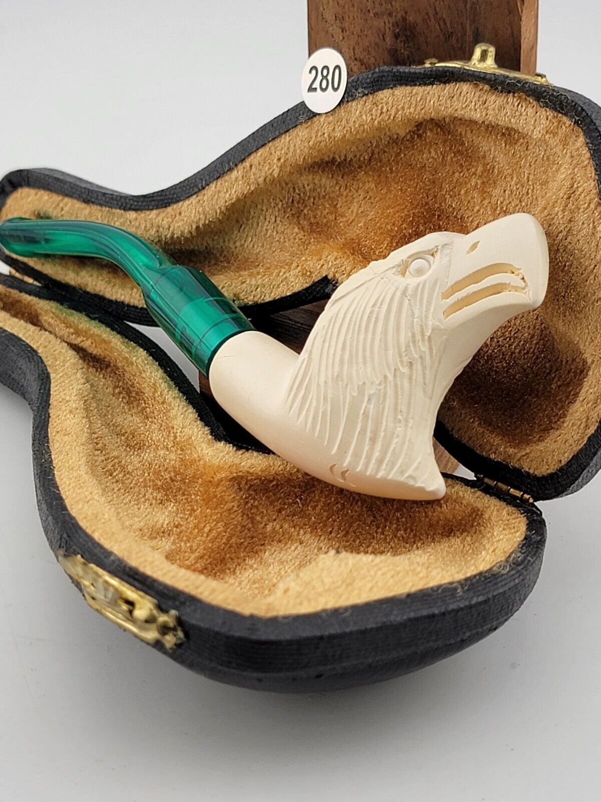 Vintage Paykoc Import Turkish Meerschaum Carved White Eagle Pipe with Case MINT