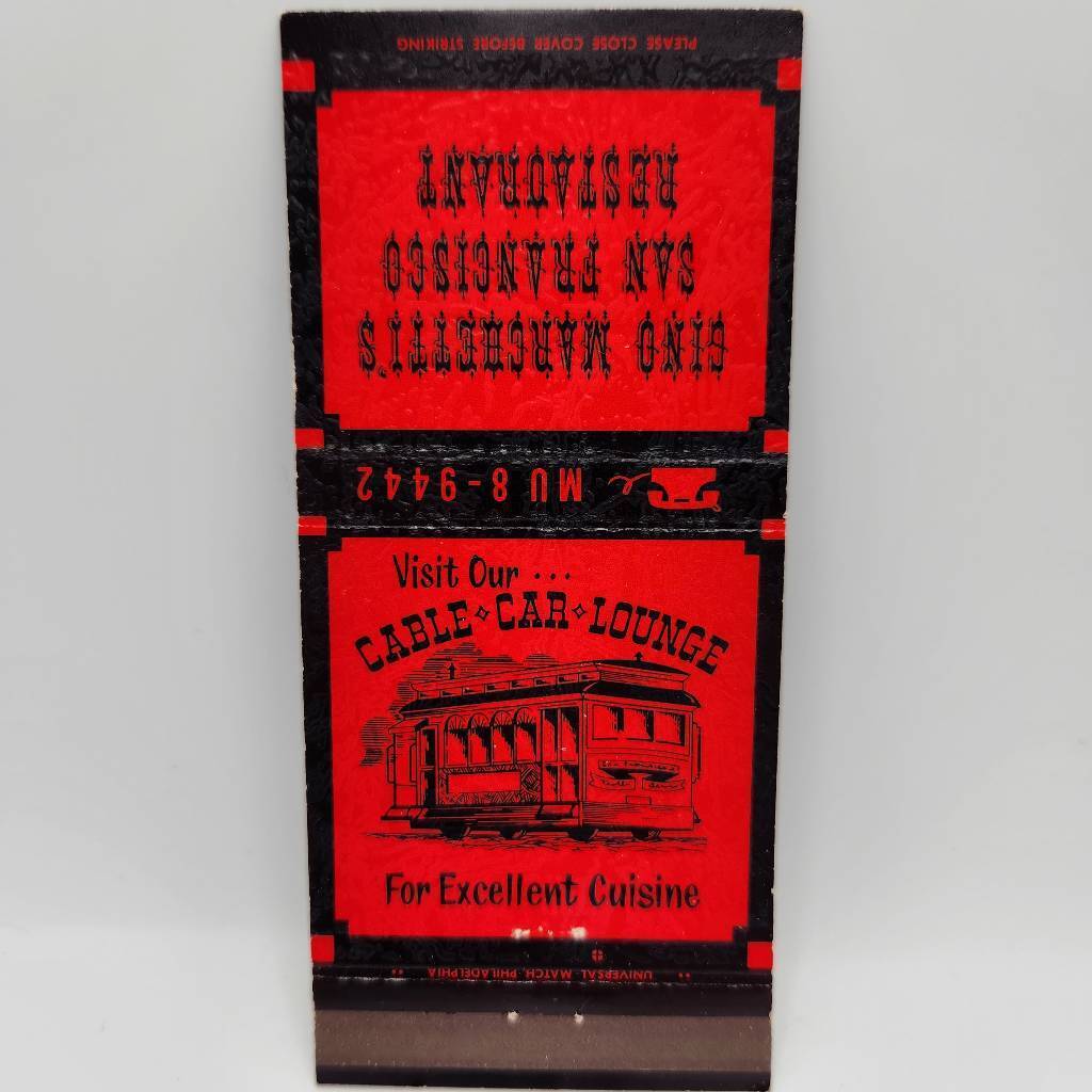 Vintage Matchbook Gino Marchetti's San Francisco Restaurant Cable Car Lounge 115
