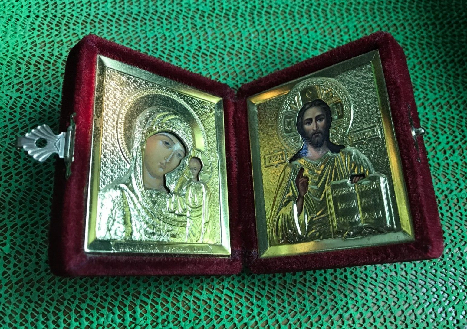 Russian Gold Diptych Wedding Travel Icon Plush Velvet Case Christianity