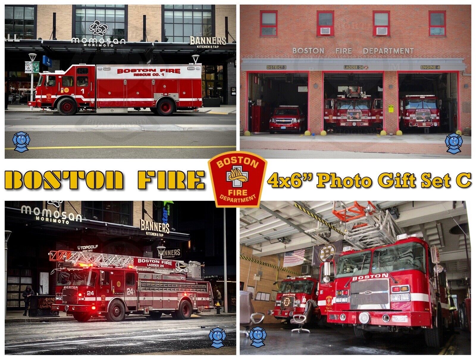 Boston Fire Dept 4x6” Photo Print Gift Set C Rescue 1 Ladder 24 Lot Of 4 Art MA