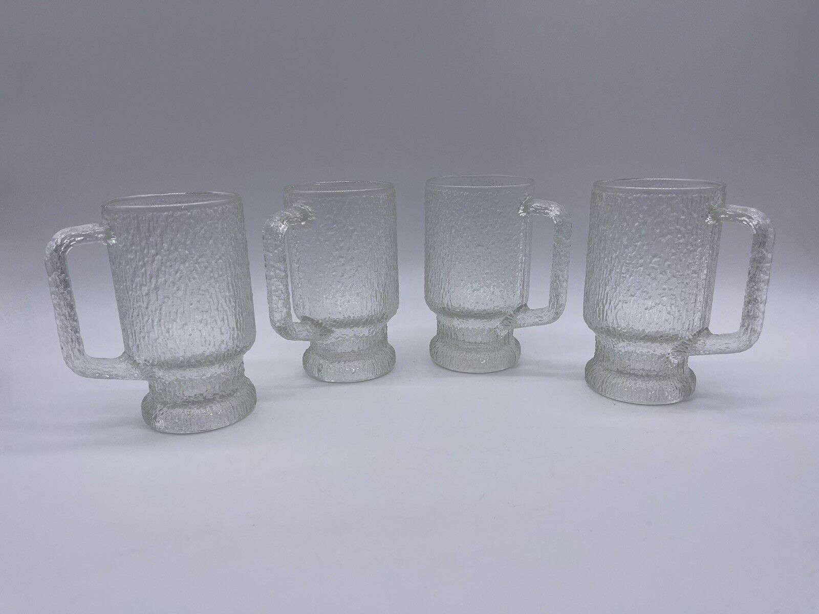 VTG Set/4 Indiana Glass Clear CRYSTAL ICE  Handled Beer Mugs Footed Texture 16oz
