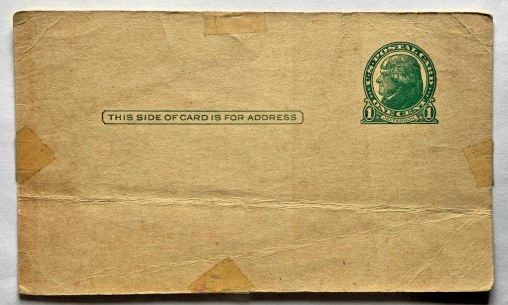 Blank Vintage Postcard Green One Cent Thomas Jefferson Prepaid Stamp Unposted